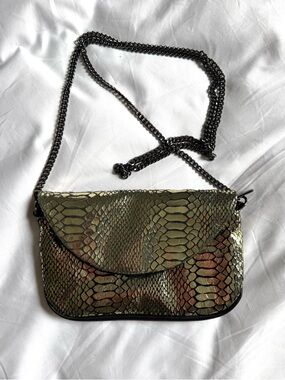 Topshop Metallic Gold Snake Print Leather Mini (wallet) Bag with Chrome Chain